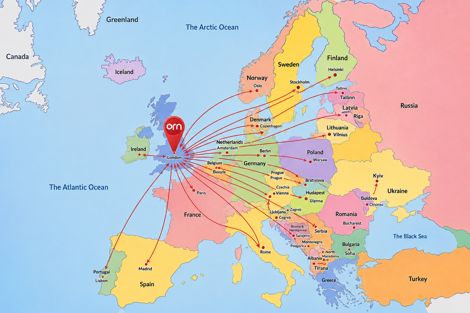 Map of Europe showing ORN Europe routes from London to every major capital